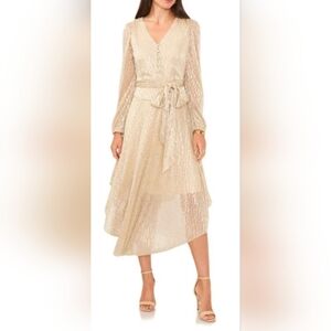 Vince Camuto Women's Dress XS Belted Sheer Sleeves Metallic Sled Midi Dress